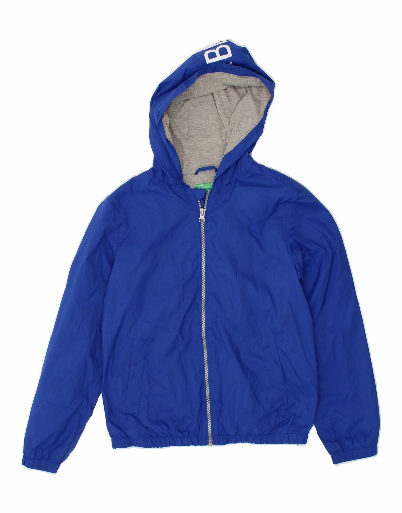 Men's BENETTON Boys Graphic Hooded Rain Jacket 10-11 Years XL Blue Polyester