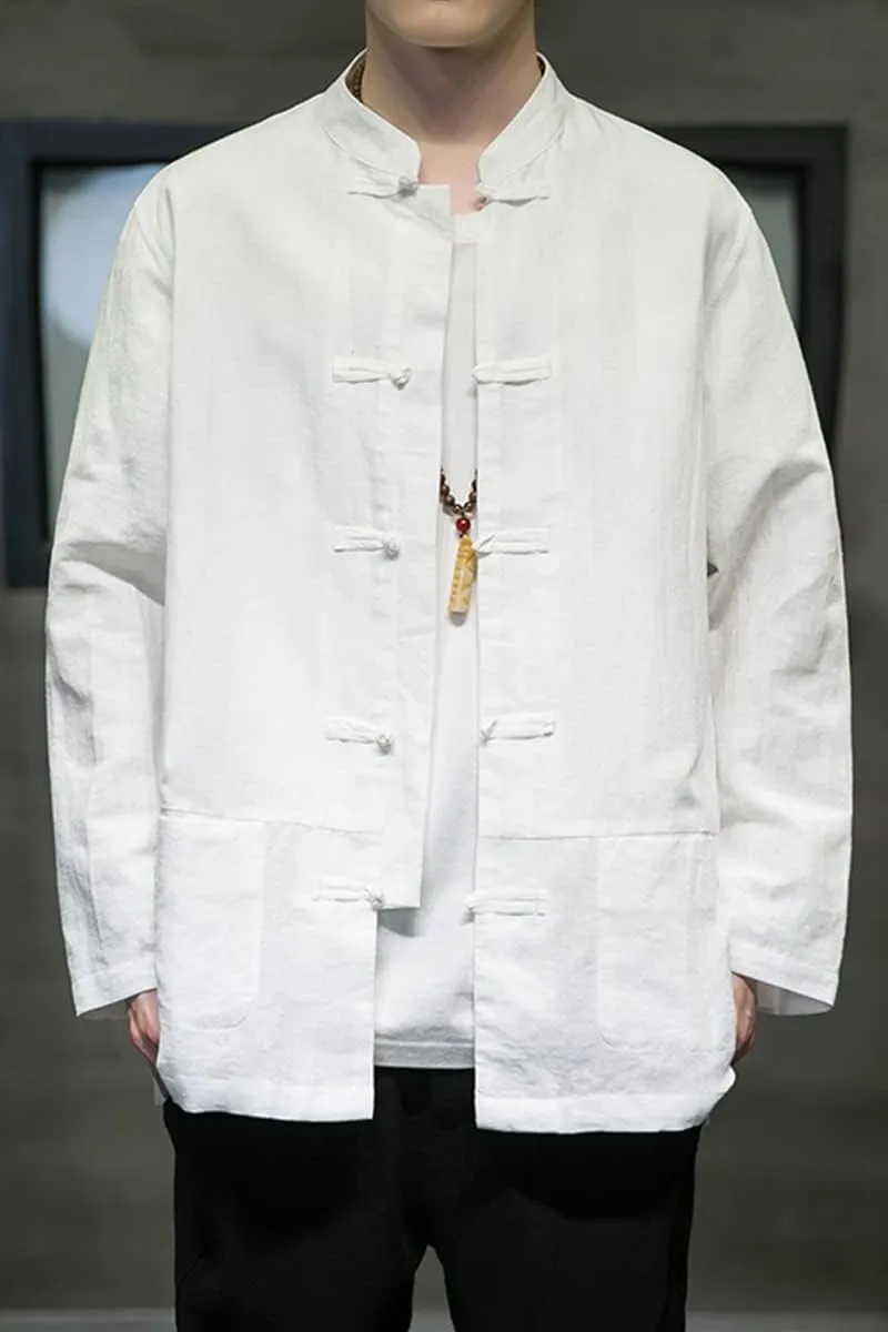 Spring and Summer Chinese Style Men's Shirt Clothing Cotton Linen Long Sleeve Stand Collar Coil Button Shirt Men's Top Coat