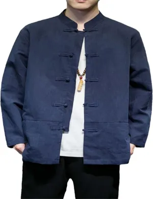 Spring and Summer Chinese Style Men's Shirt Clothing Cotton Linen Long Sleeve Stand Collar Coil Button Shirt Men's Top Coat