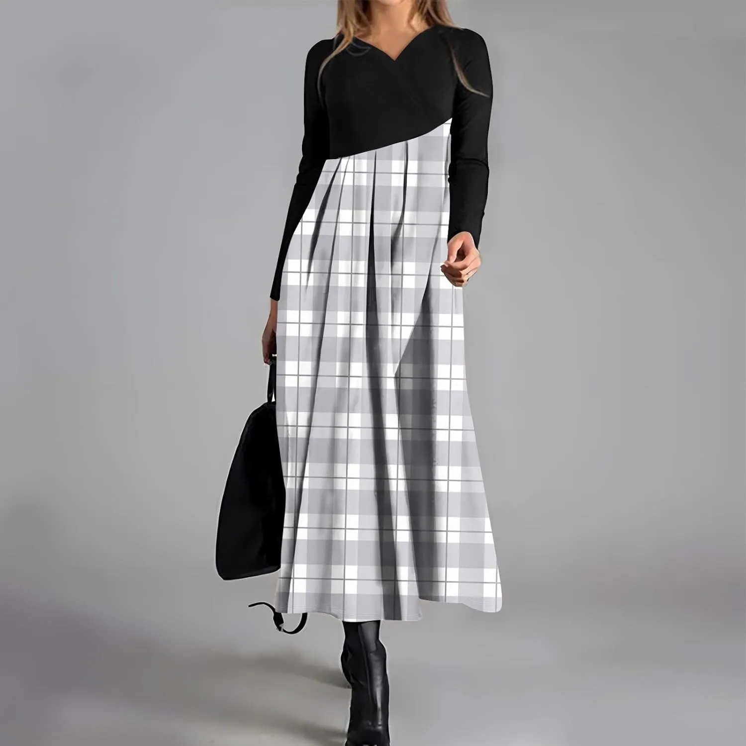 Spring Dresses for Women 2025 Midi V Neck Long Sleeve Summer Vacation Flowy Work Fashion Holiday Dress