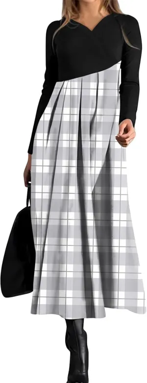 Spring Dresses for Women 2025 Midi V Neck Long Sleeve Summer Vacation Flowy Work Fashion Holiday Dress