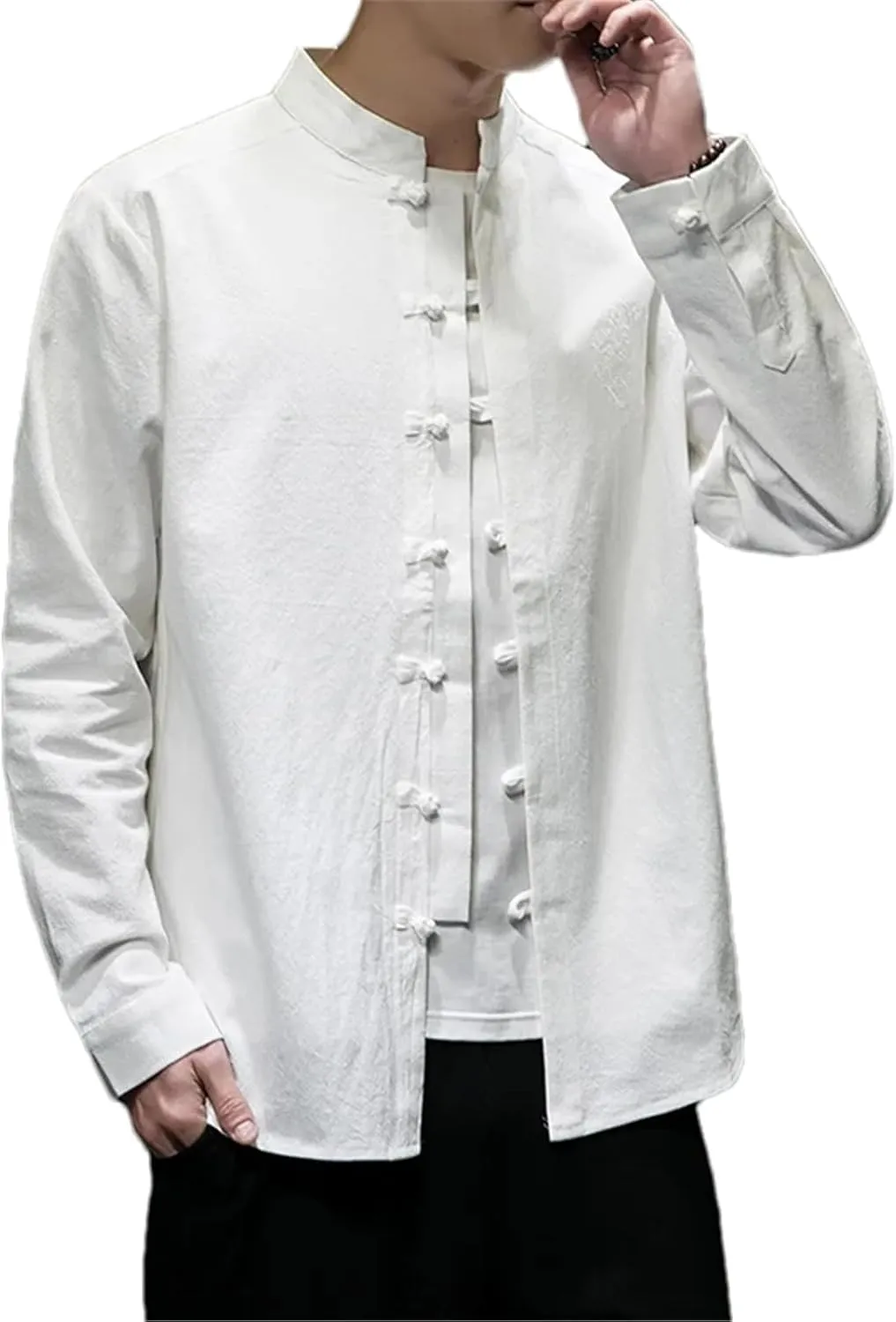 Spring Summer Chinese Style Cotton Linen Shirt Men's Retro Buckle Long-Sleeved Linen Shirt