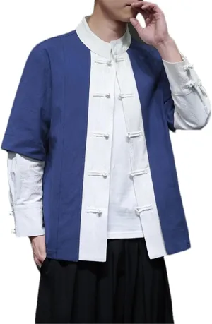 Spring Summer Cotton and Linen Chinese Shirt for Men Fake Two Pieces Buckle Retro Trend Traditional Dress