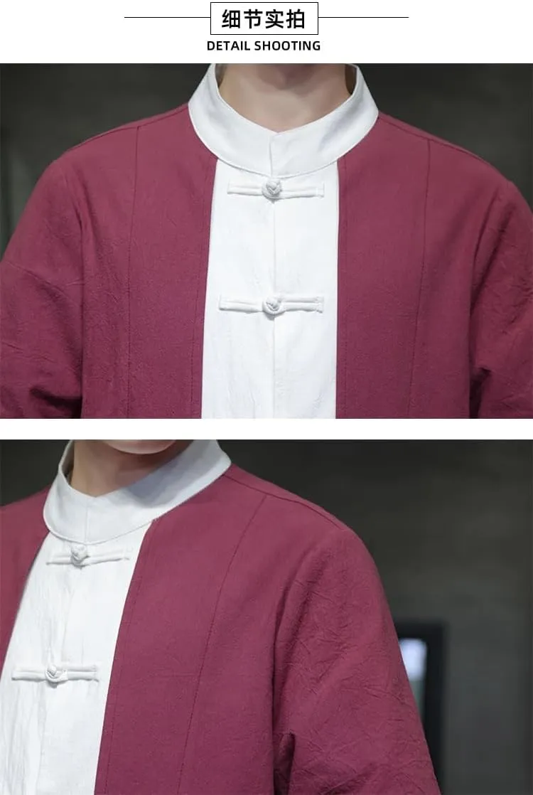 Spring Summer Cotton and Linen Chinese Shirt for Men Fake Two Pieces Buckle Retro Trend Traditional Dress