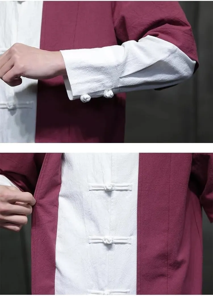 Spring Summer Cotton and Linen Chinese Shirt for Men Fake Two Pieces Buckle Retro Trend Traditional Dress
