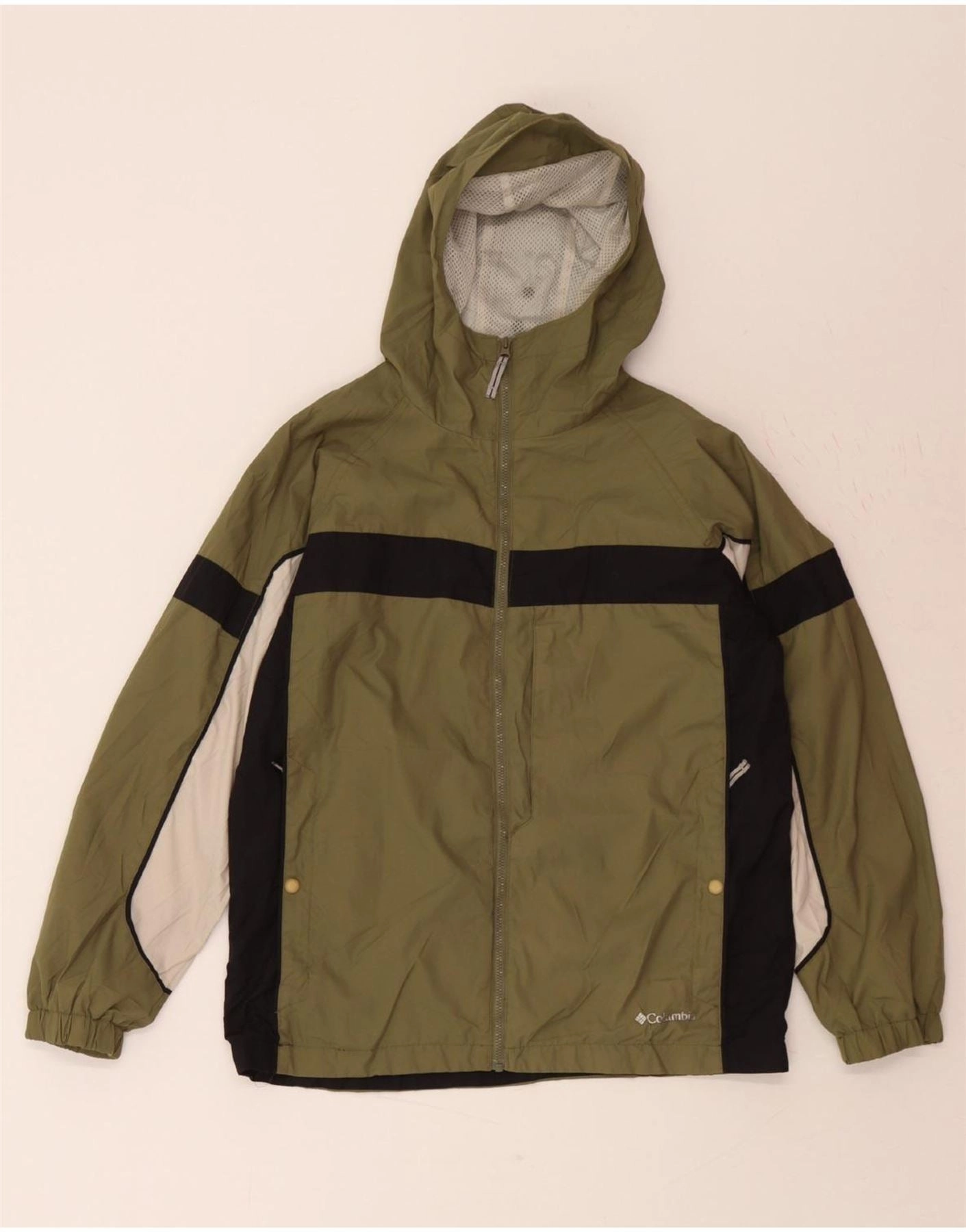 YKK Zipper Hardware COLUMBIA Boys Hooded Rain Jacket 14-15 Years Green Colourblock Polyester