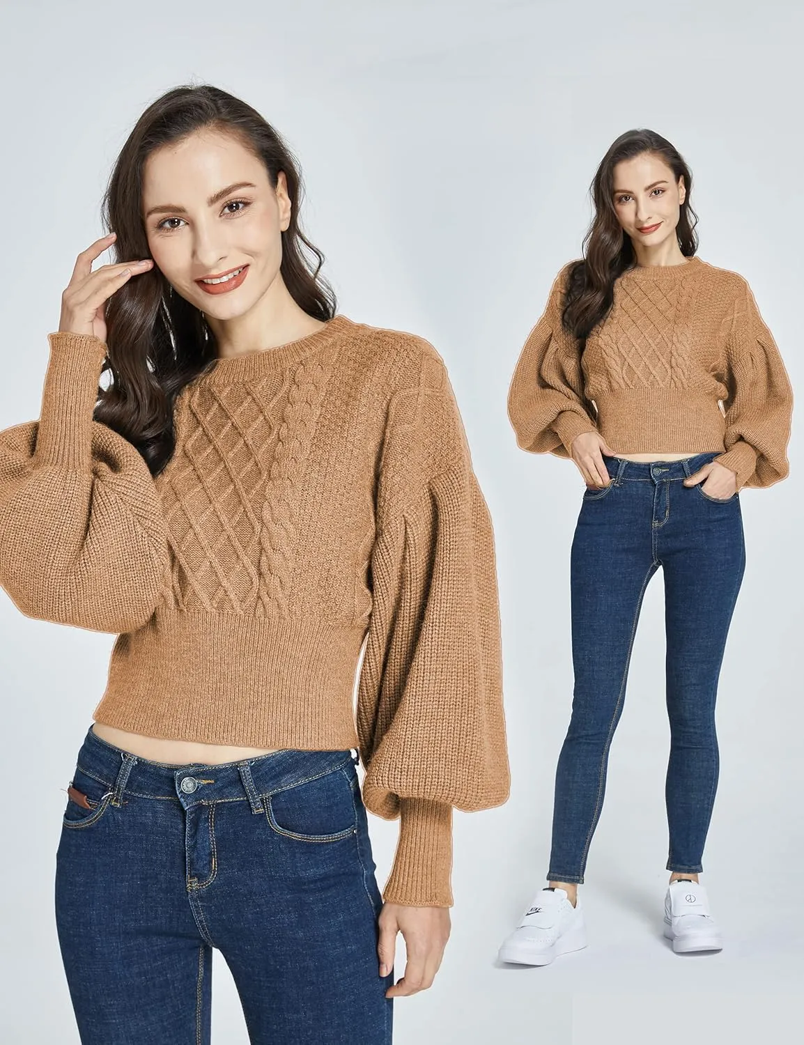 SSLR-Womens-Oversized-Sweaters-Cropped Sweaters Crewneck Long Lantern Sleeve Knitted Cable Pullover
