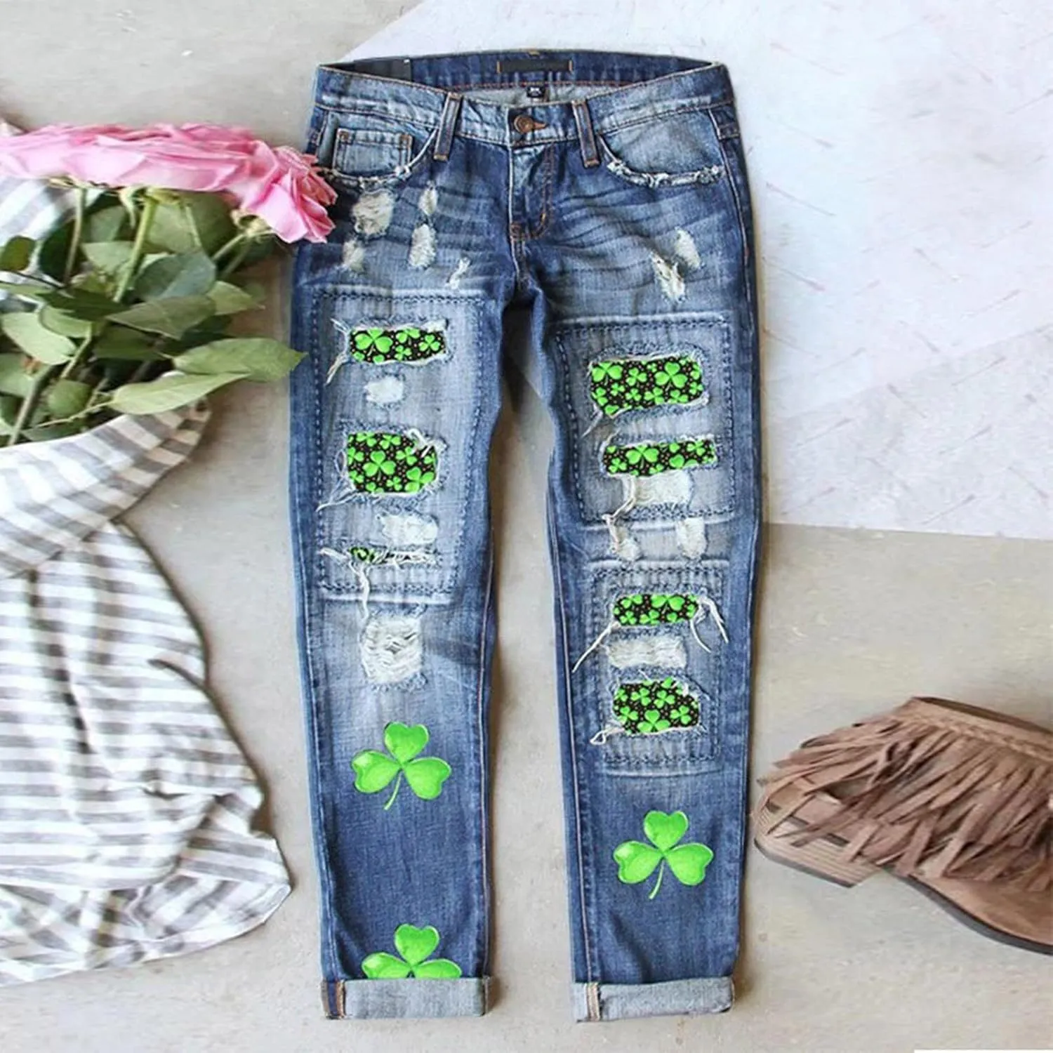 St Patricks Day Ripped Jeans Womens Irish Shamrocks Printed Festive Denim Pants Straight Leg Cuffed Democracy Jeans