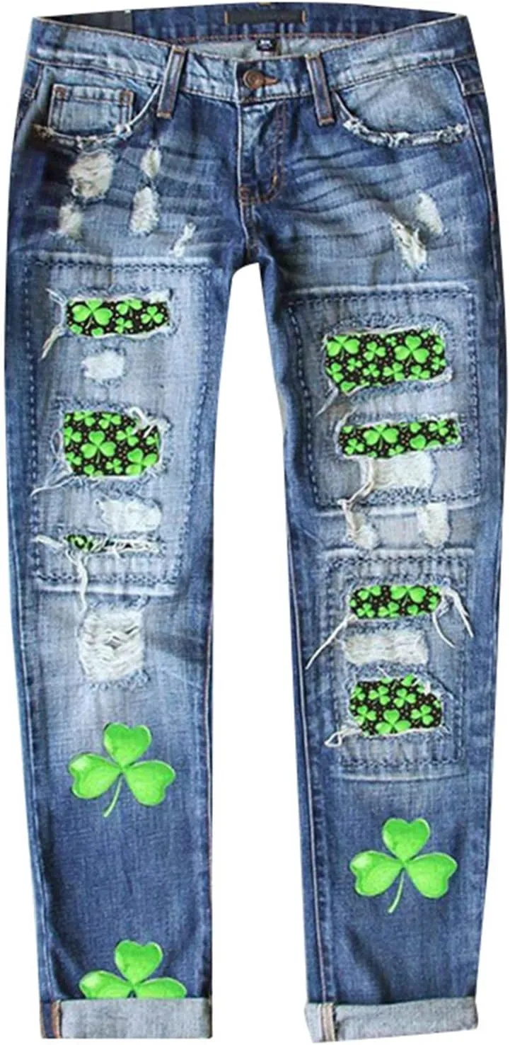 St Patricks Day Ripped Jeans Womens Irish Shamrocks Printed Festive Denim Pants Straight Leg Cuffed Democracy Jeans