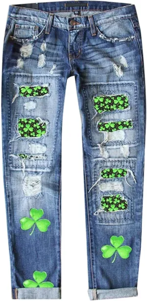 St Patricks Day Ripped Jeans Womens Irish Shamrocks Printed Festive Denim Pants Straight Leg Cuffed Democracy Jeans