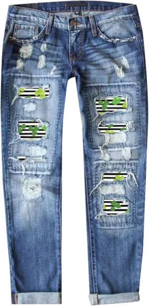 St Patricks Day Ripped Jeans Womens Irish Shamrocks Printed Festive Denim Pants Straight Leg Cuffed Democracy Jeans