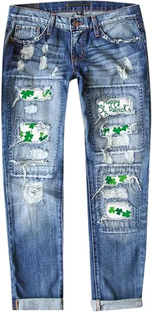 St Patricks Day Ripped Jeans Womens Irish Shamrocks Printed Festive Denim Pants Straight Leg Cuffed Democracy Jeans