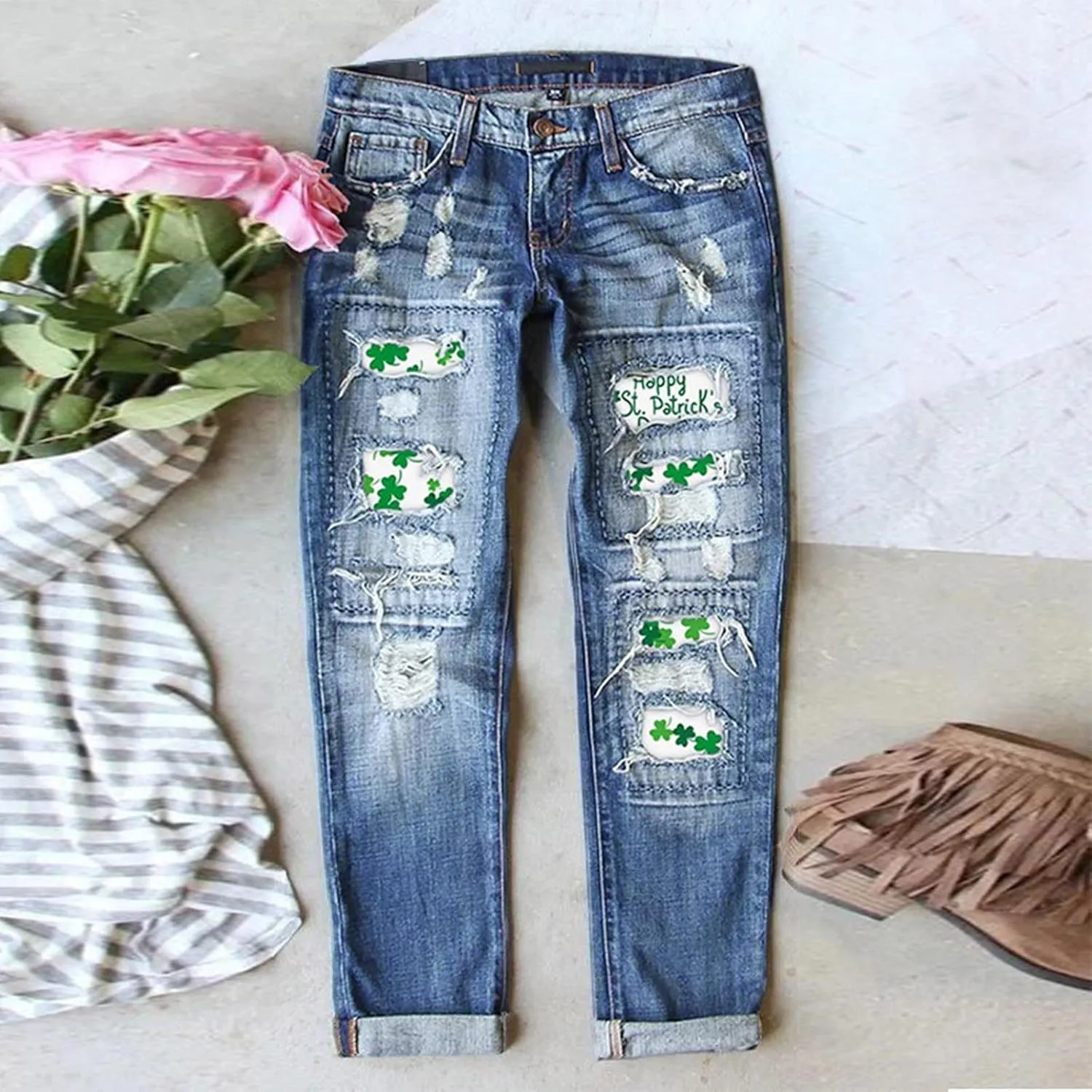 St Patricks Day Ripped Jeans Womens Irish Shamrocks Printed Festive Denim Pants Straight Leg Cuffed Democracy Jeans