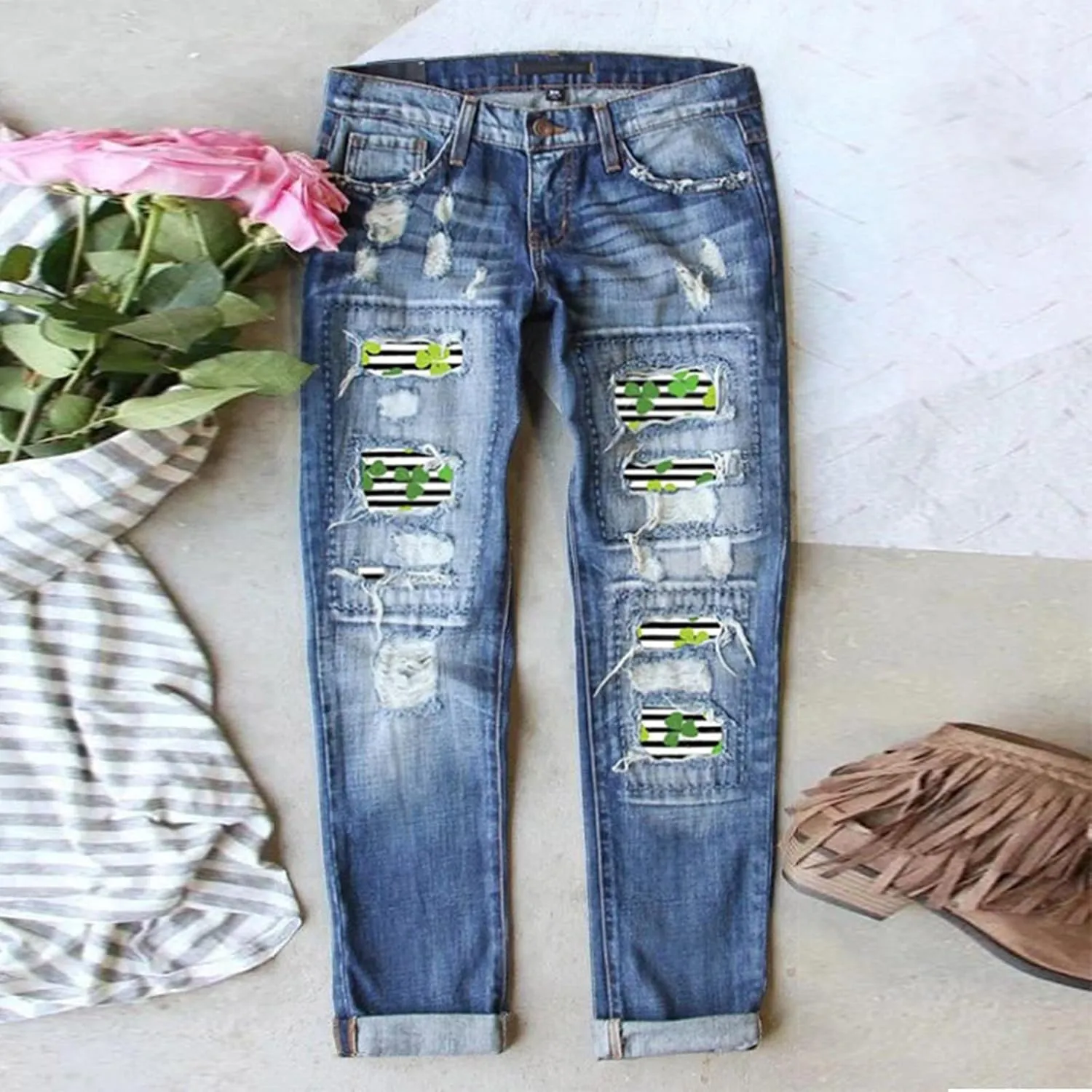 St Patricks Day Ripped Jeans Womens Irish Shamrocks Printed Festive Denim Pants Straight Leg Cuffed Democracy Jeans