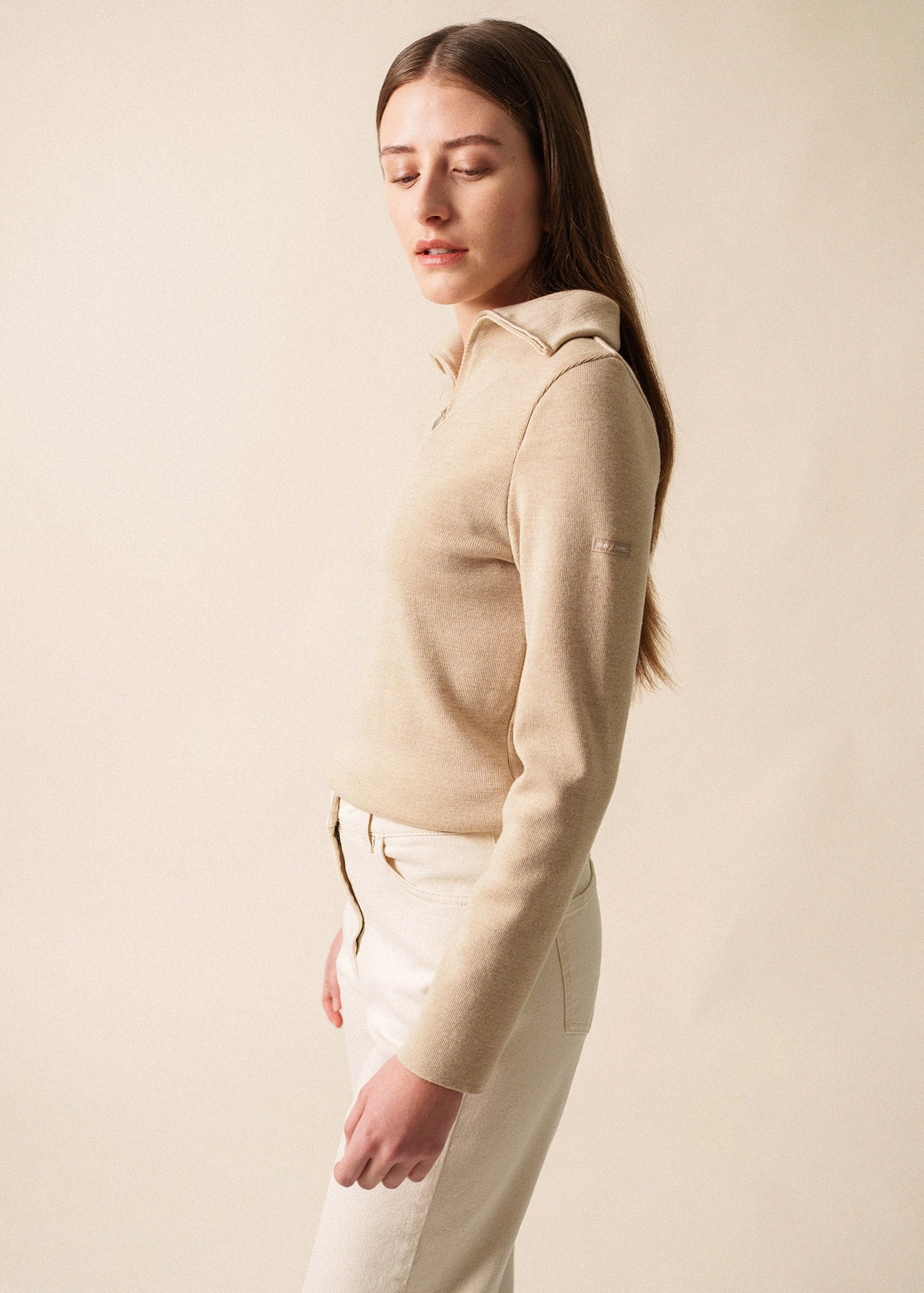 Cozy And Stylish PASSERELLE II - Trucker Collar Pullover Sweater | 100% Wool (BEIGE)