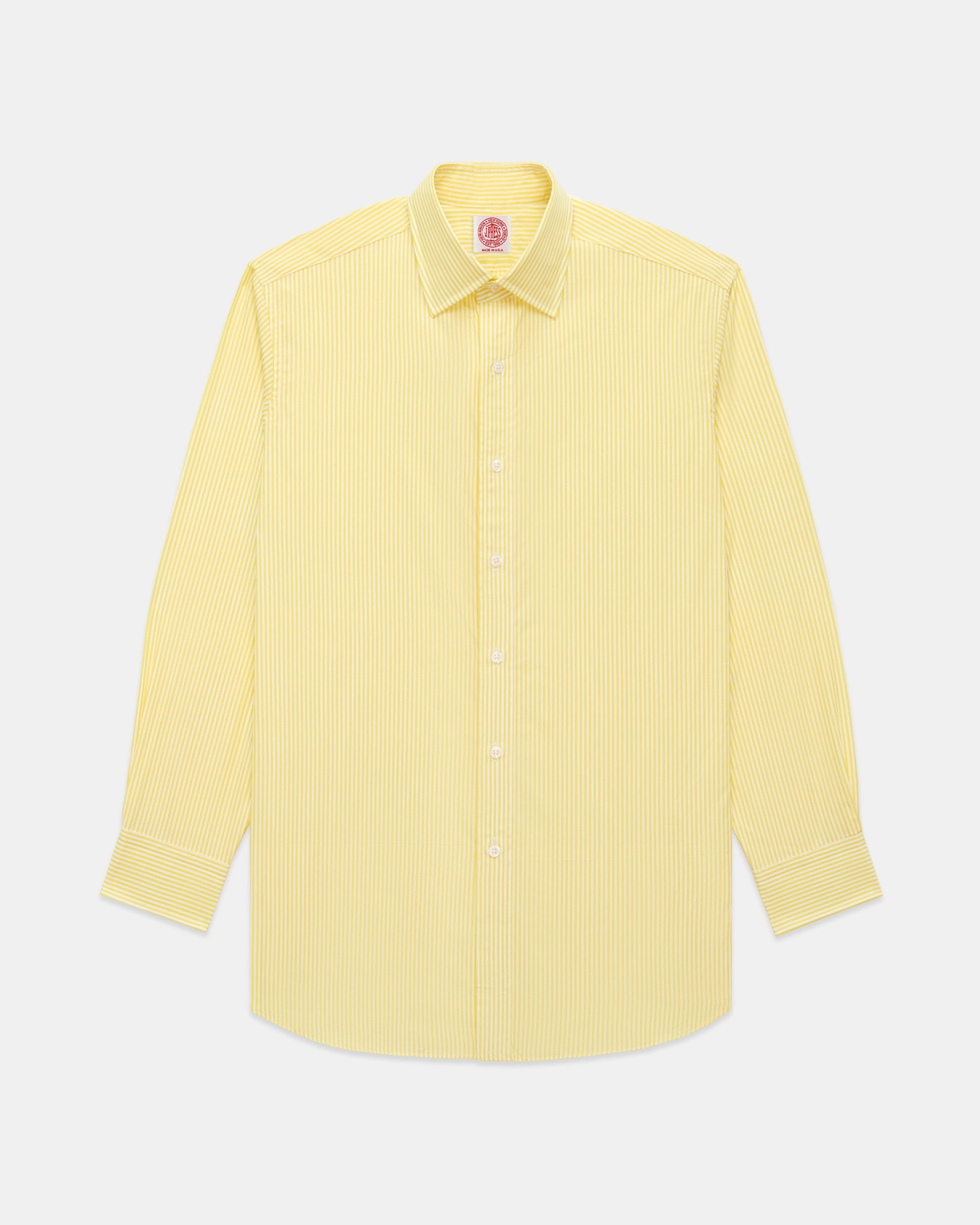 Made-in-USA Thomas Mason Yellow Bengal Stripe Spread Collar Dress Shirt - Regular Fit Double Needle Hemming Soft Touch Fabric