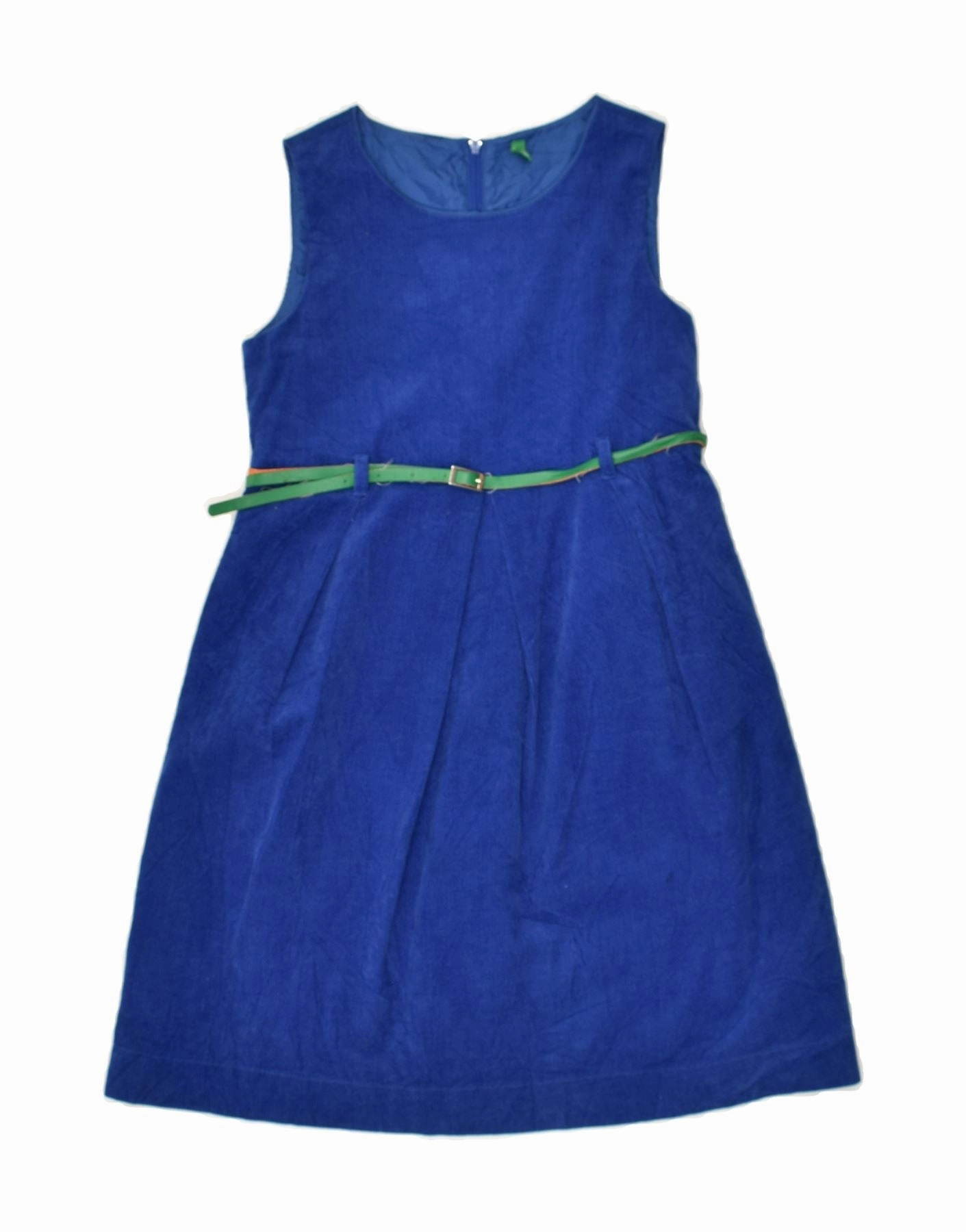 BENETTON Girls Corduroy Empire Dress 8-9 Years Large  Blue Cotton Clasp-Closure Sharp Detail