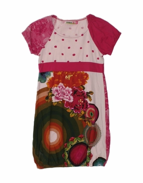 DESIGUAL Girls Graphic Bubble Dress 11-12 Years Pink Floral Cotton wrap waist Stylish Pick