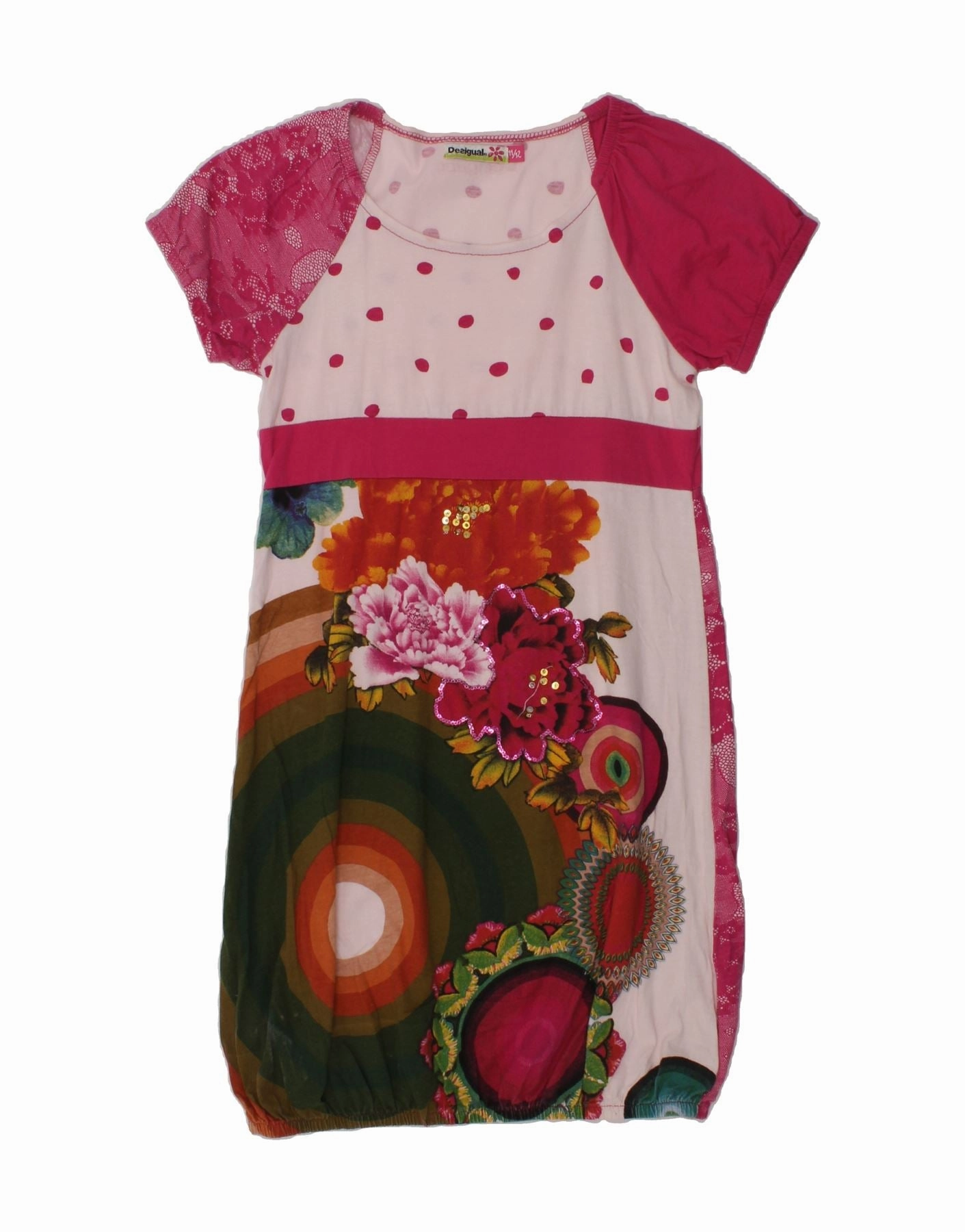 DESIGUAL Girls Graphic Bubble Dress 11-12 Years Pink Floral Cotton wrap waist Stylish Pick