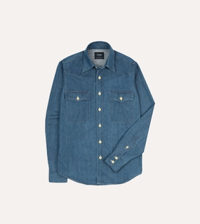 Stone Wash Denim Two-Pocket Western Shirt Reinforced Hems Wardrobe Must-Have