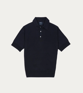 Navy Knitted Linen-Cotton Short-Sleeve Polo Shirt Double Layered Collar Colorfast Technology