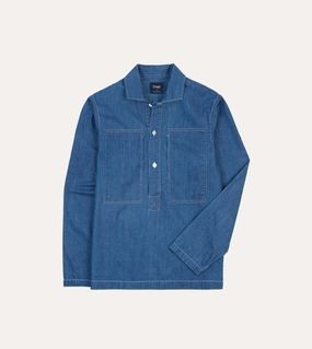 Checkered Print Blue Denim Spread Collar Popover Shirt