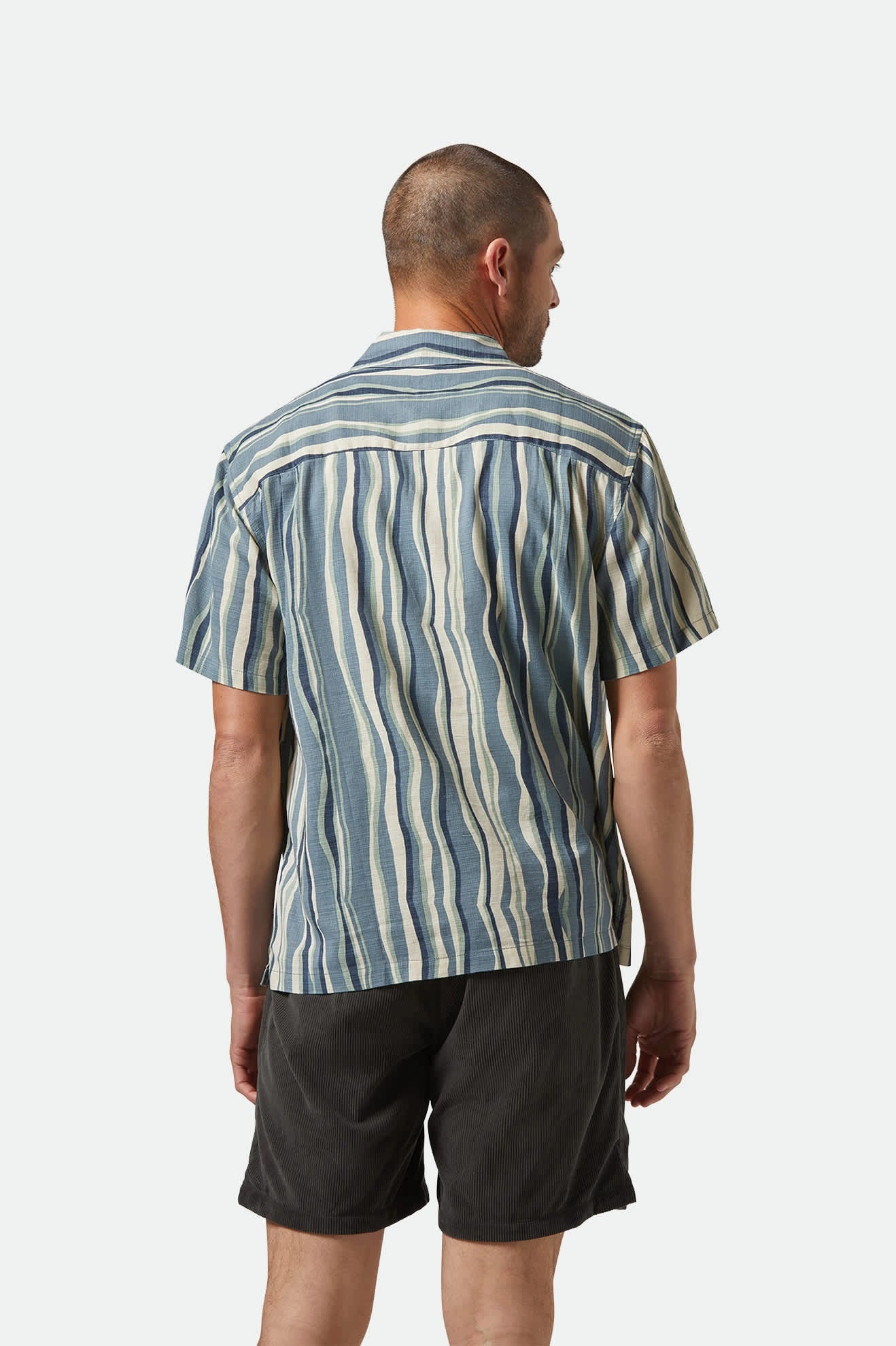 CRU Slub Relaxed S/S Shirt - Basalt Blue/Painterly Stripe Flatlock stitching