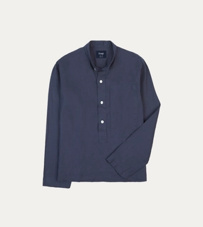 Athletic Cut Navy Linen Mandarin Collar Popover Shirt