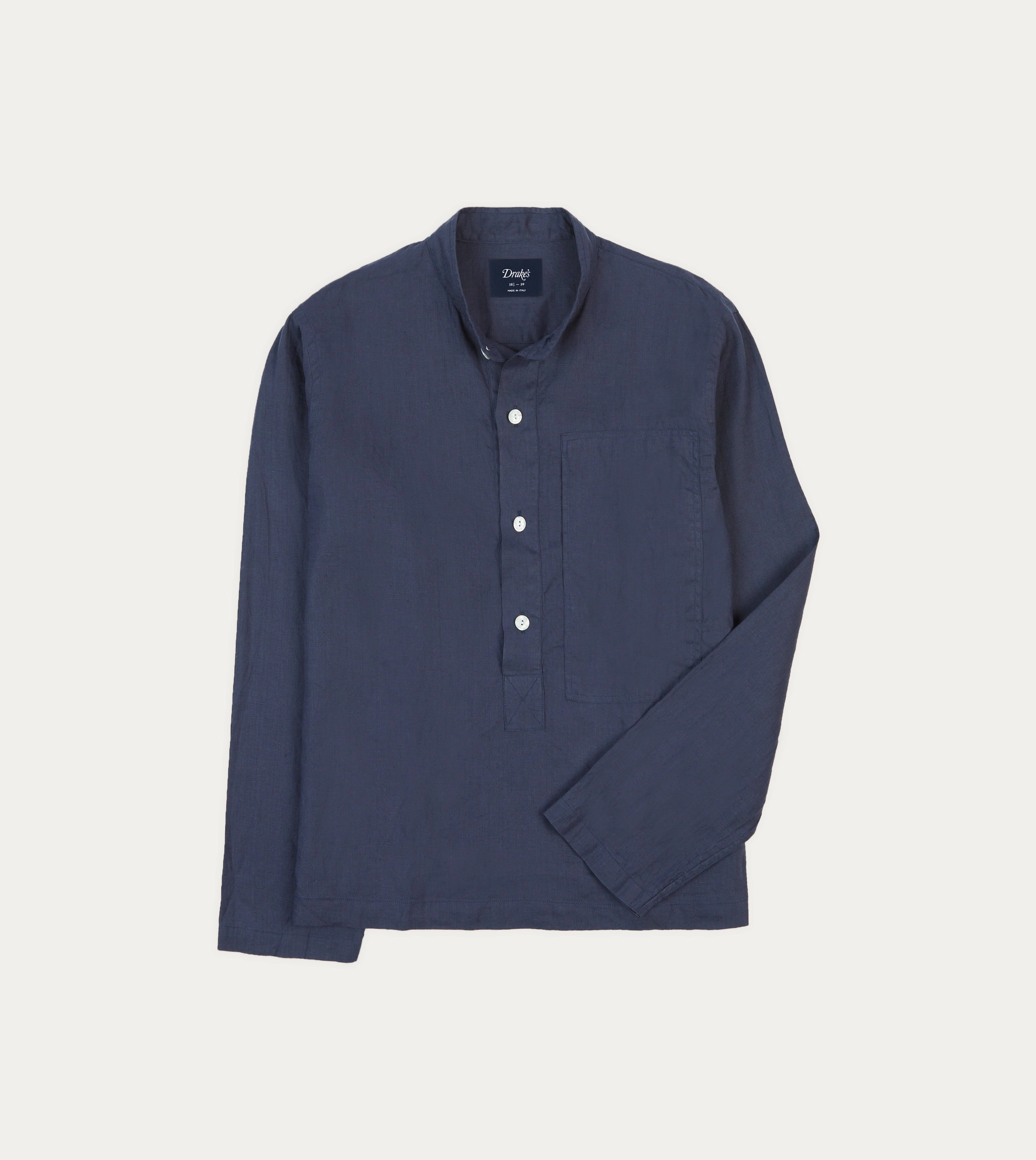 Athletic Cut Navy Linen Mandarin Collar Popover Shirt
