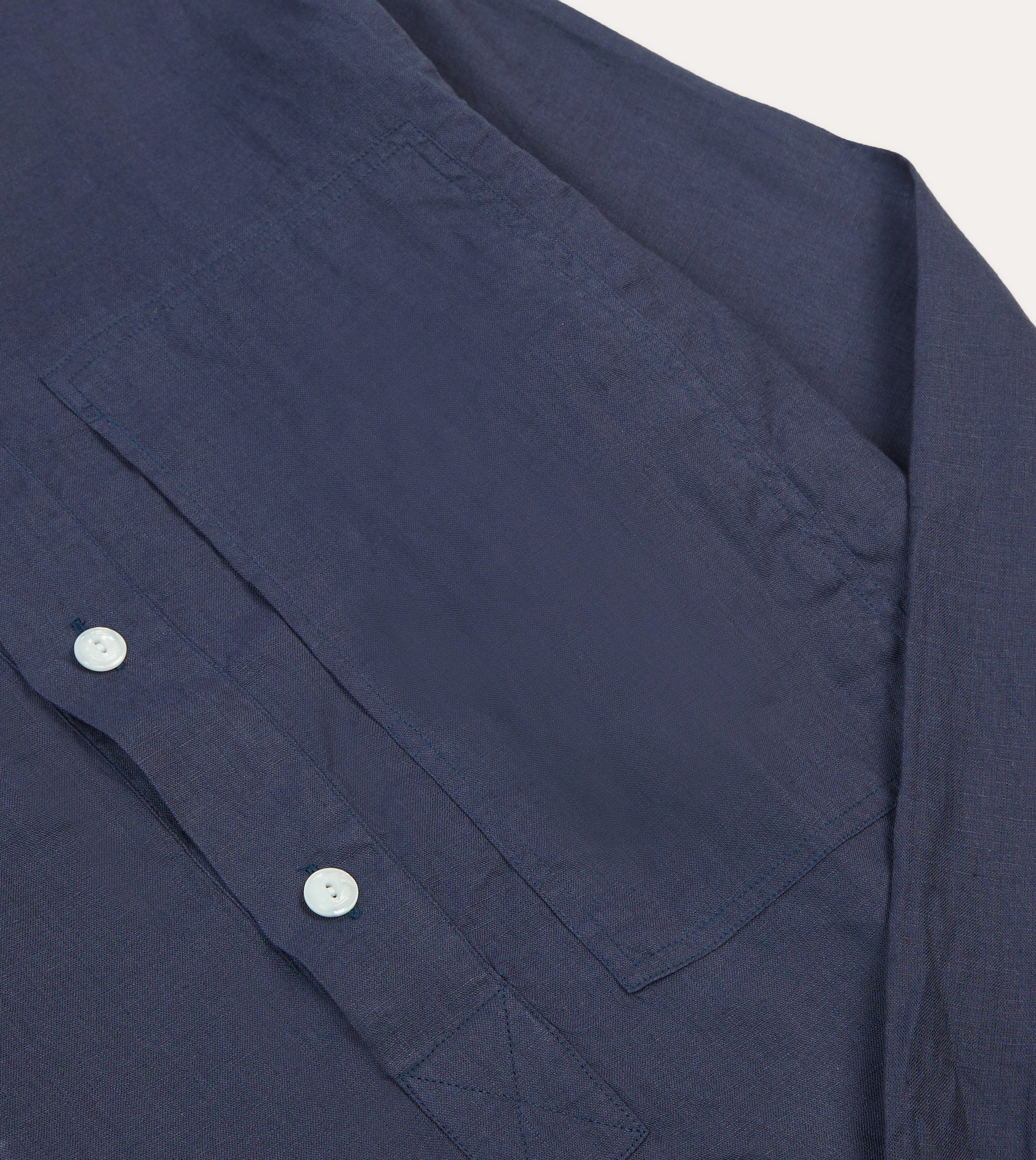 Navy Linen Mandarin Collar Popover Shirt Embellished Neckline Gradient effect