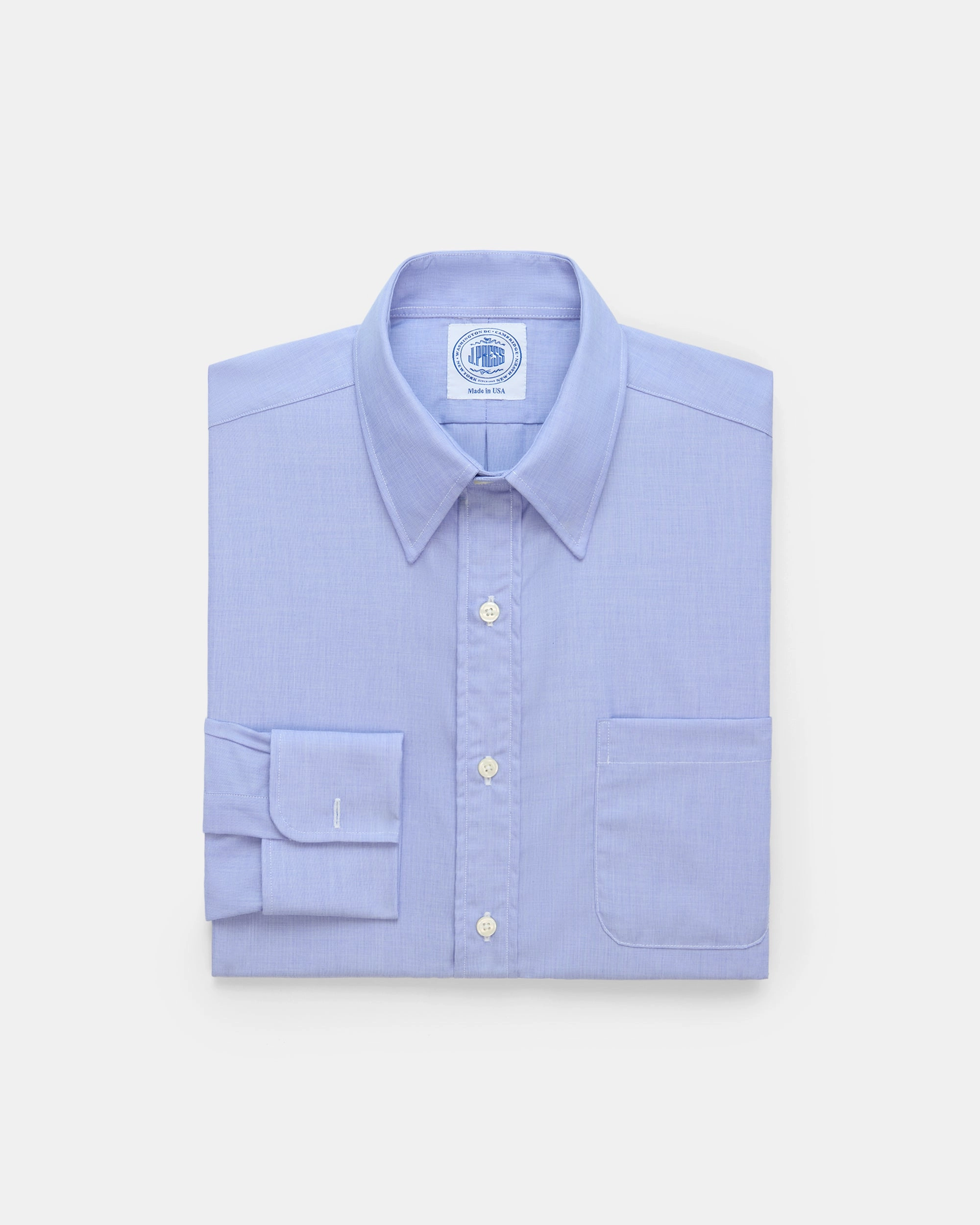 Made-in-USA Blue End-On-End Point Collar French Cuff Dress Shirt - Classic Fit High-End Finish Moisture Management Tech