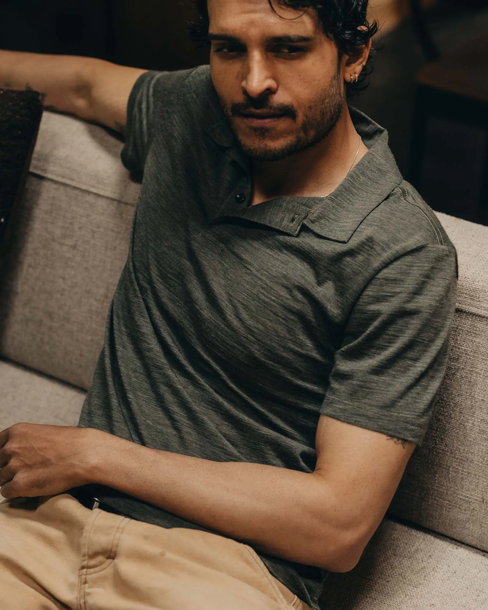Stone Wash Process Lightweight Style The Merino Polo in Heather Army