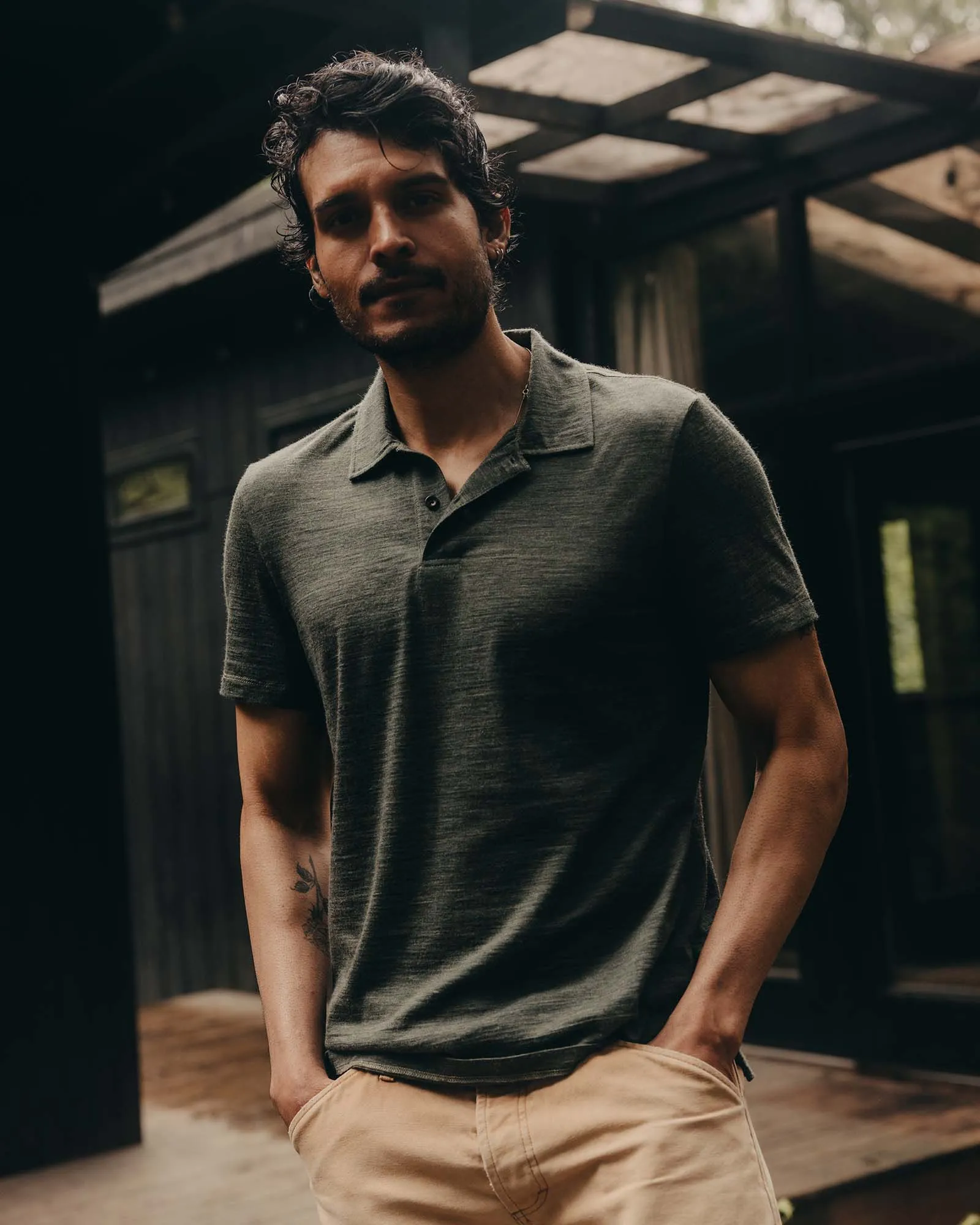 The Merino Polo in Heather Army Fresh Outfit Style