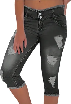 Stretch Jean Capris for Women Ripped Low Rise Jeans Vintage Distressed Jeans Raw Hem Denim Capri Pants with Pocekts