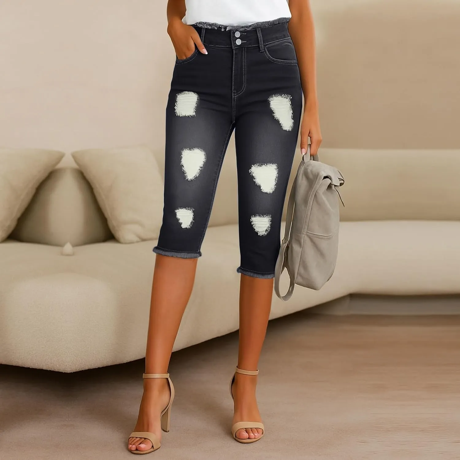 Stretch Jean Capris for Women Ripped Low Rise Jeans Vintage Distressed Jeans Raw Hem Denim Capri Pants with Pocekts