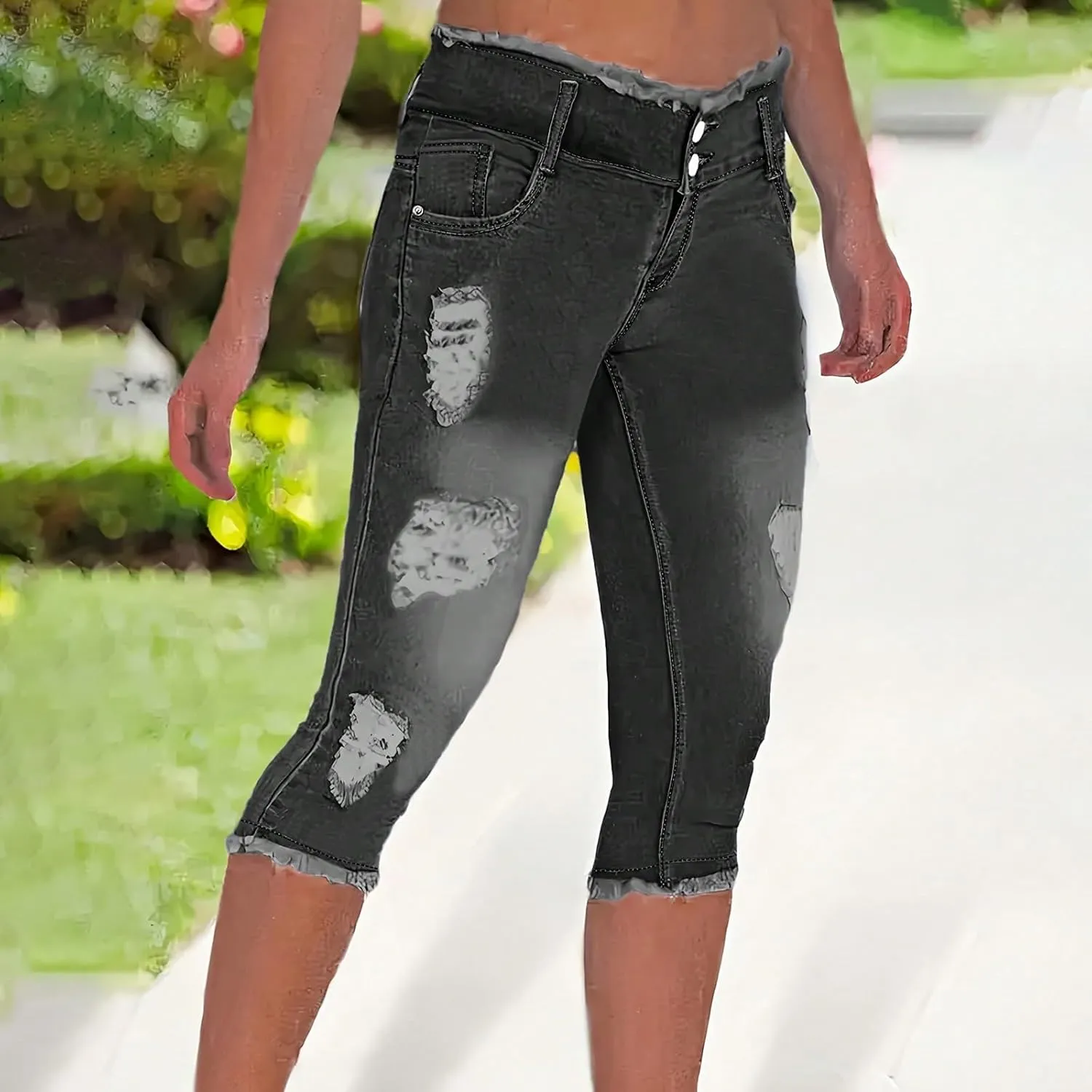 Stretch Jean Capris for Women Ripped Low Rise Jeans Vintage Distressed Jeans Raw Hem Denim Capri Pants with Pocekts