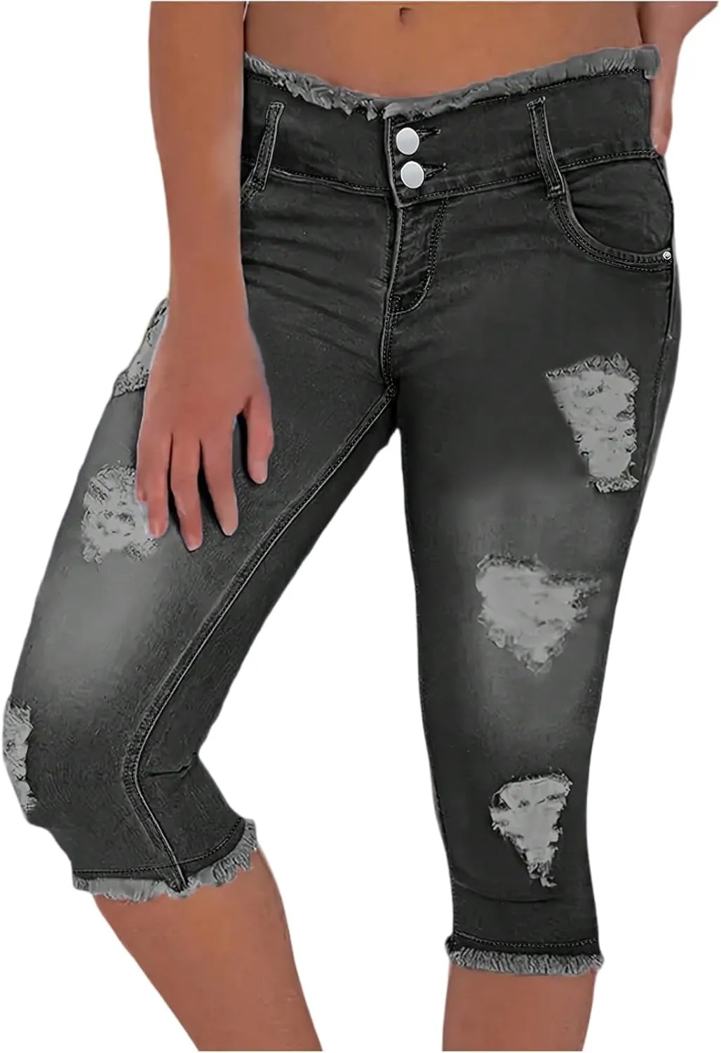 Stretch Jean Capris for Women Ripped Low Rise Jeans Vintage Distressed Jeans Raw Hem Denim Capri Pants with Pocekts