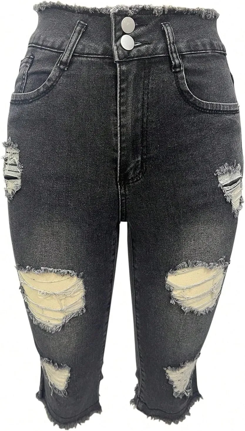 Stretch Jean Capris for Women Ripped Low Rise Jeans Vintage Distressed Jeans Raw Hem Denim Capri Pants with Pocekts