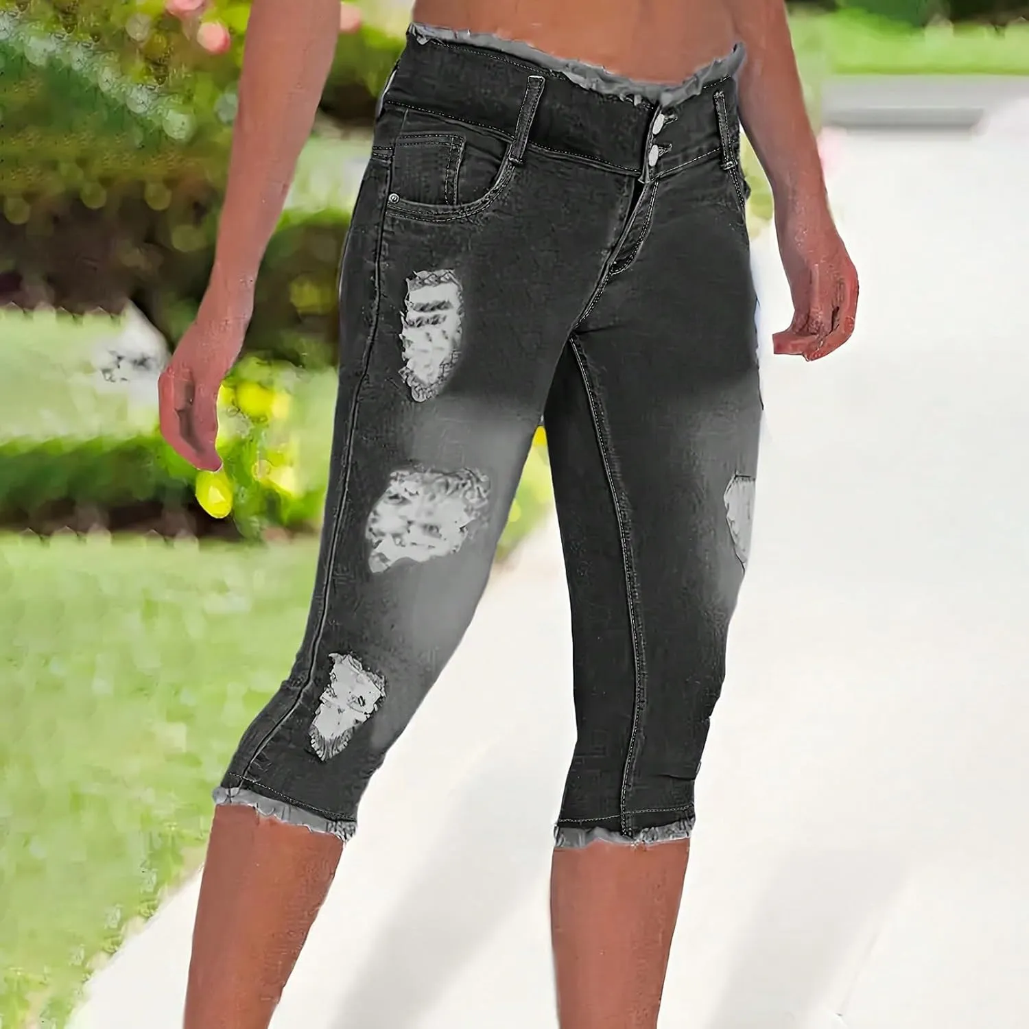 Stretch Jean Capris for Women Ripped Low Rise Jeans Vintage Distressed Jeans Raw Hem Denim Capri Pants with Pocekts