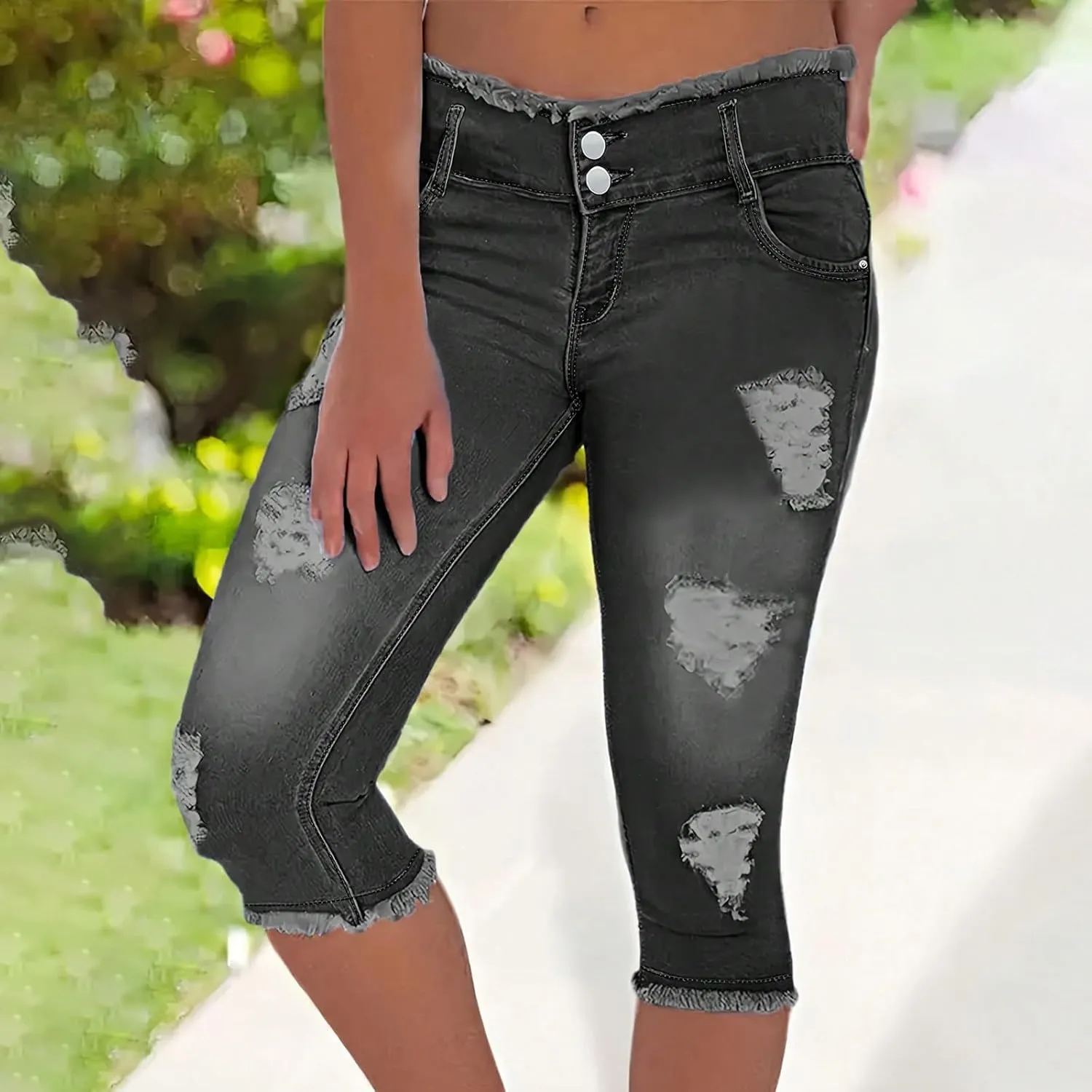Stretch Jean Capris for Women Ripped Low Rise Jeans Vintage Distressed Jeans Raw Hem Denim Capri Pants with Pocekts