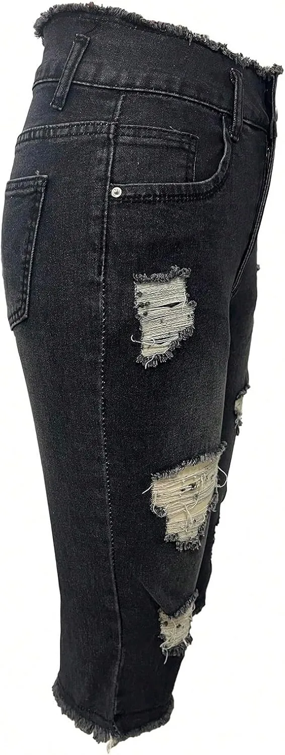 Stretch Jean Capris for Women Ripped Low Rise Jeans Vintage Distressed Jeans Raw Hem Denim Capri Pants with Pocekts
