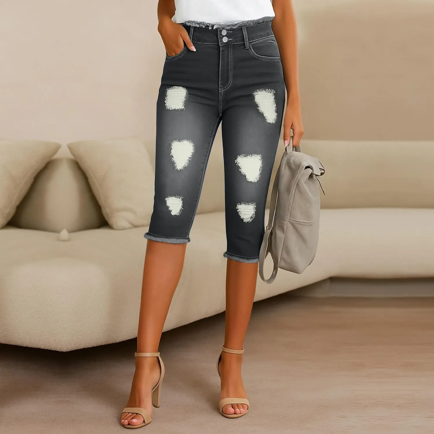 Stretch Jean Capris for Women Ripped Low Rise Jeans Vintage Distressed Jeans Raw Hem Denim Capri Pants with Pocekts