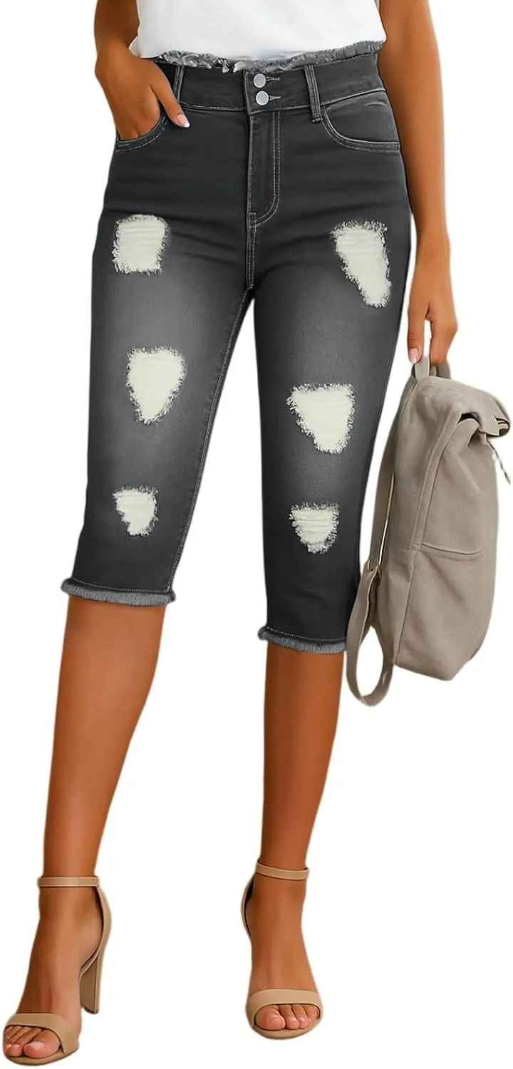 Stretch Jean Capris for Women Ripped Low Rise Jeans Vintage Distressed Jeans Raw Hem Denim Capri Pants with Pocekts