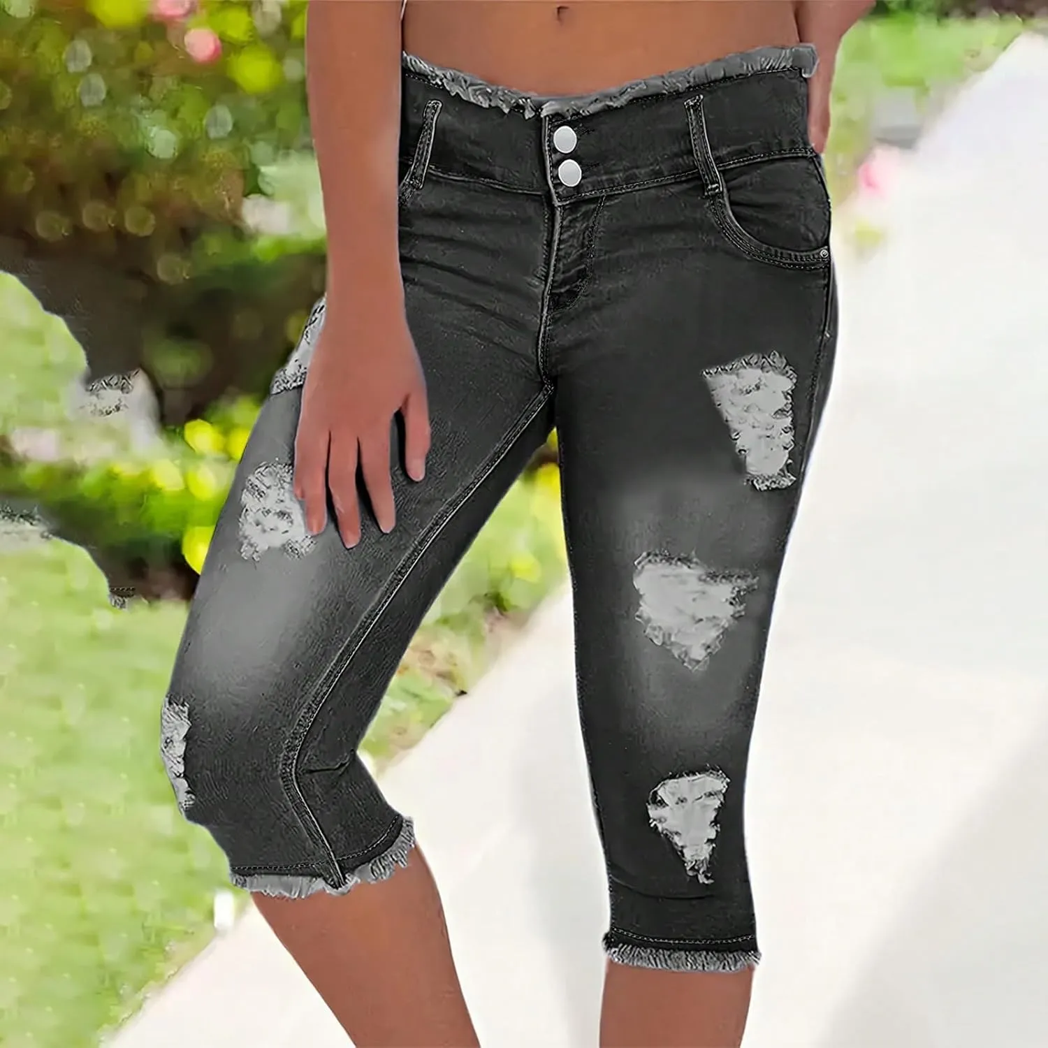Stretch Jean Capris for Women Ripped Low Rise Jeans Vintage Distressed Jeans Raw Hem Denim Capri Pants with Pocekts