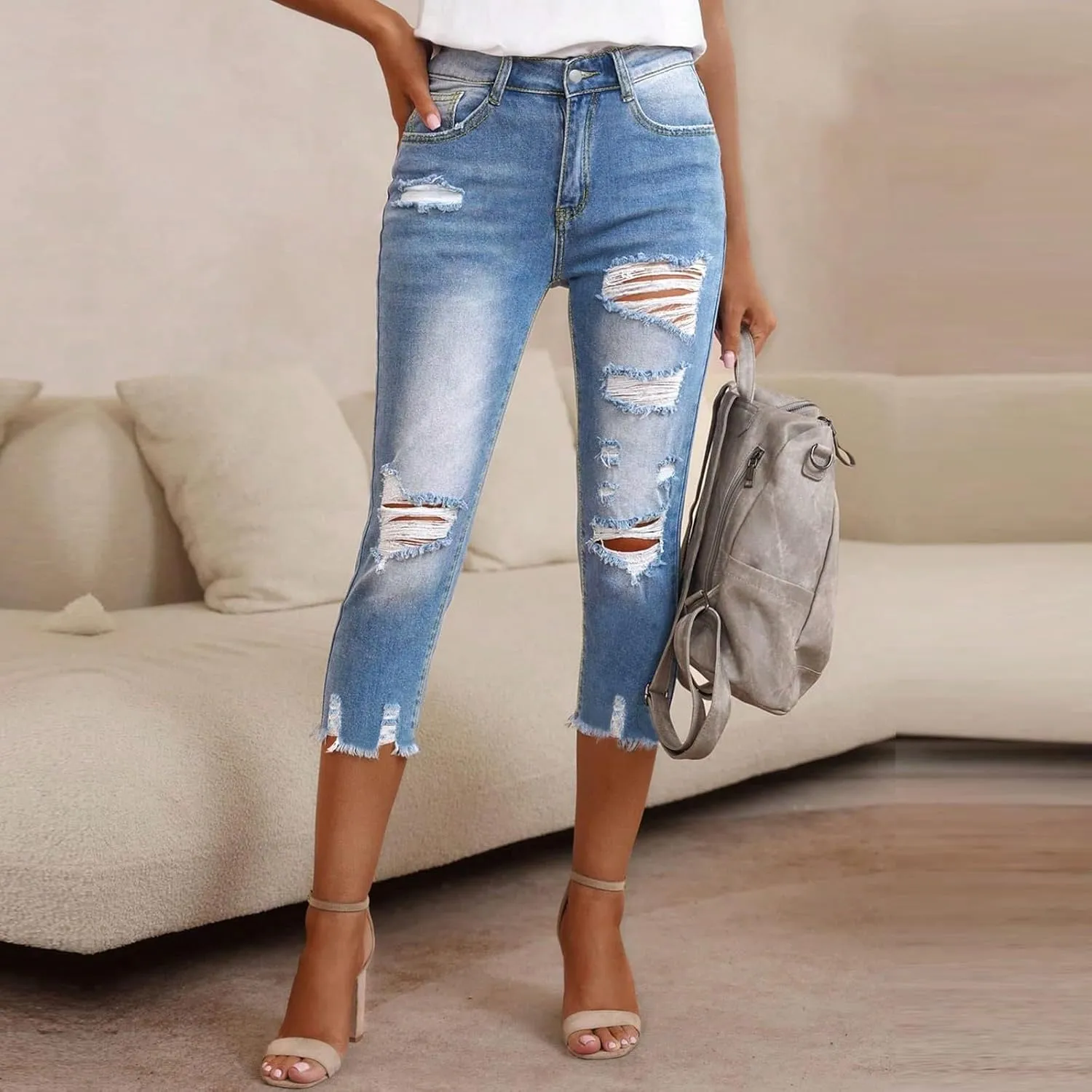 Stretch Jean Capris for Women Skinny Low Rise Ripped Jeans Vintage Distressed Jeans Butt Lift Capri Pants with Holes