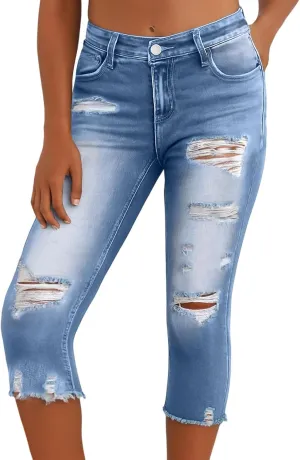 Stretch Jean Capris for Women Skinny Low Rise Ripped Jeans Vintage Distressed Jeans Butt Lift Capri Pants with Holes
