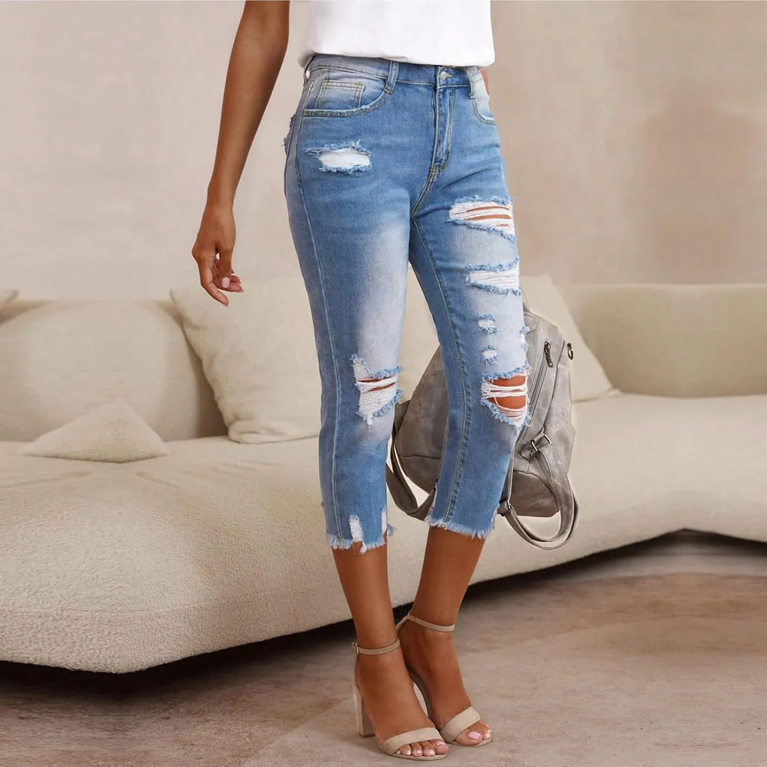 Stretch Jean Capris for Women Skinny Low Rise Ripped Jeans Vintage Distressed Jeans Butt Lift Capri Pants with Holes