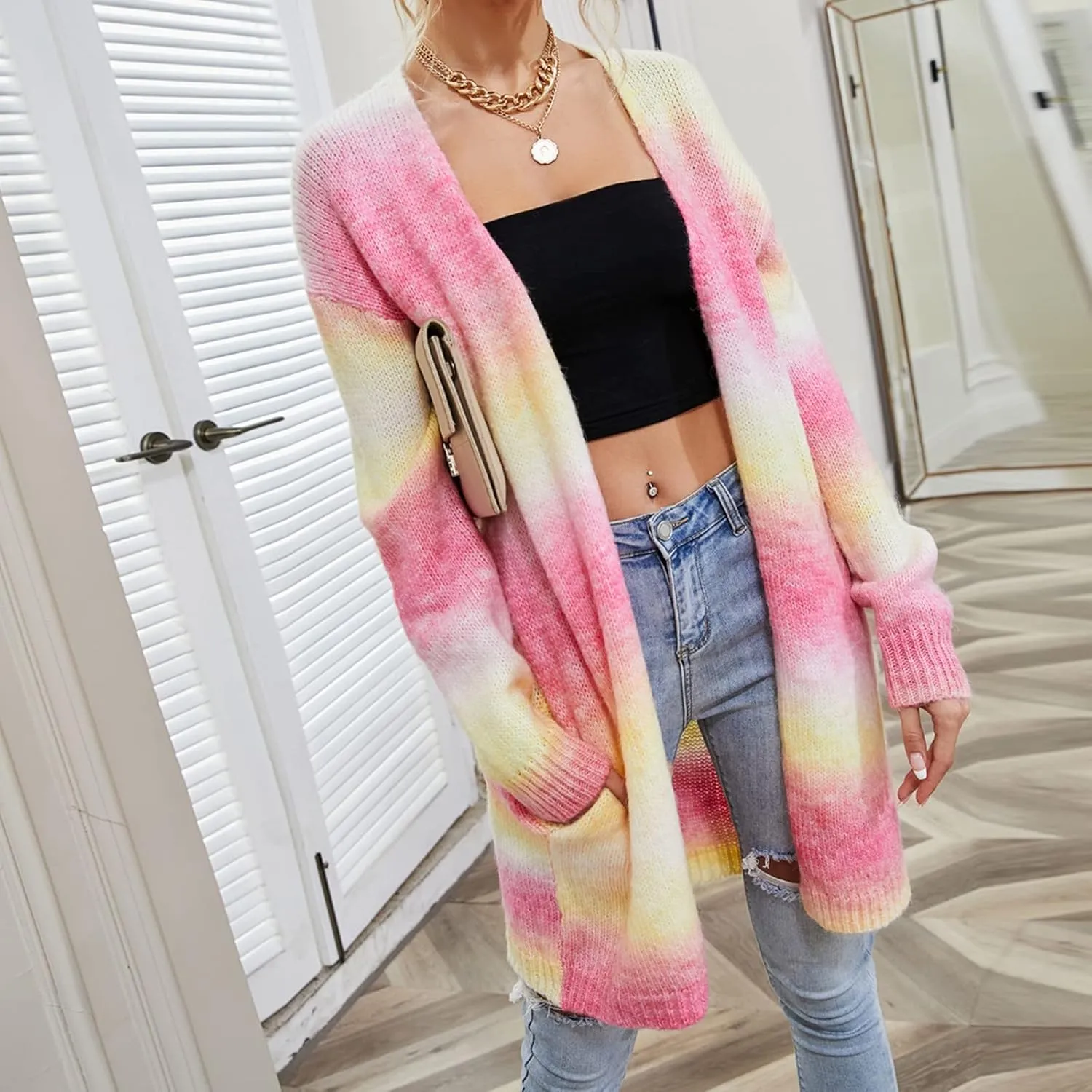 Striped Cardigan Sweaters for Women Open Front Shirt Pockets Long Sleeve Lightweight Coat Fall Oufits Clothes 2024