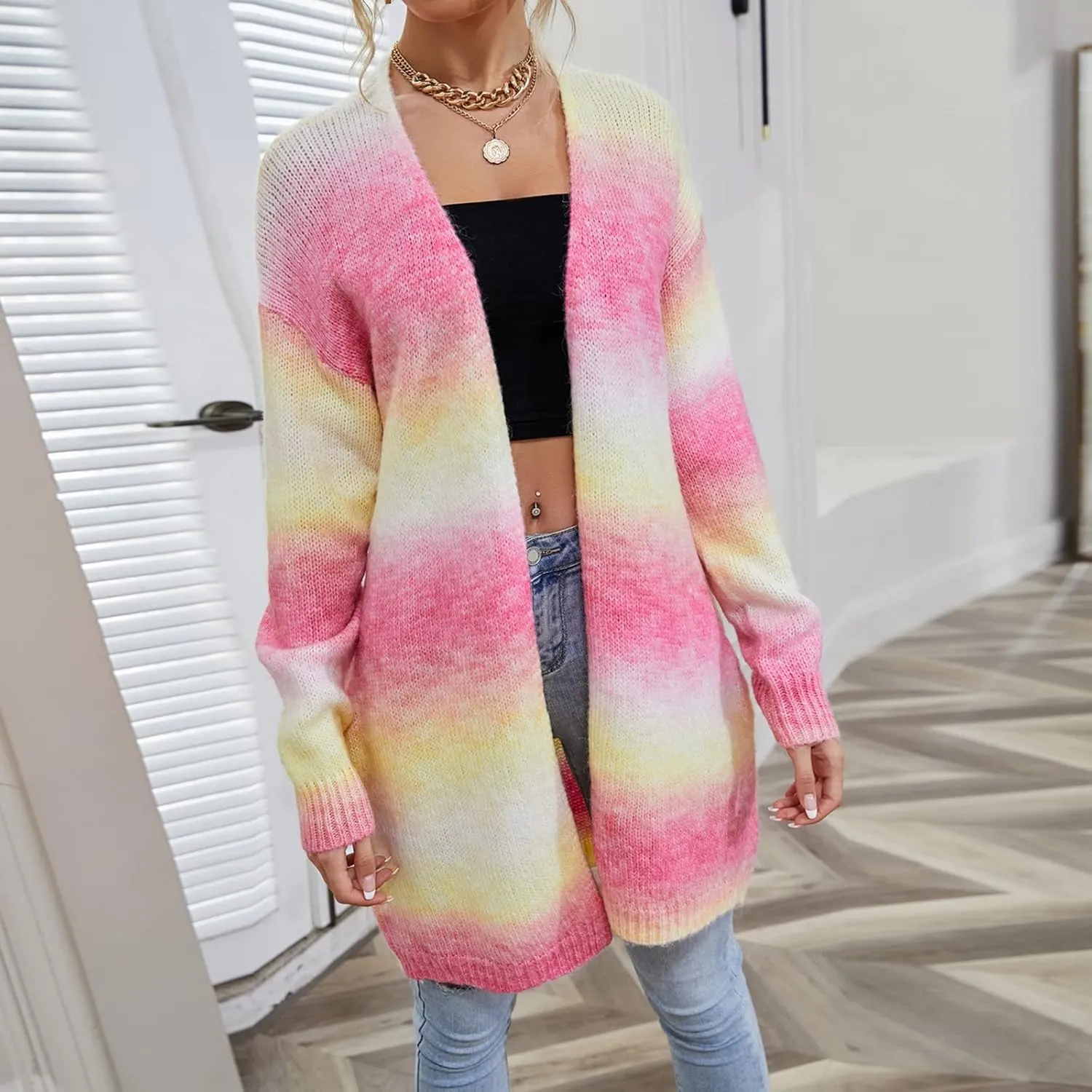Striped Cardigan Sweaters for Women Open Front Shirt Pockets Long Sleeve Lightweight Coat Fall Oufits Clothes 2024