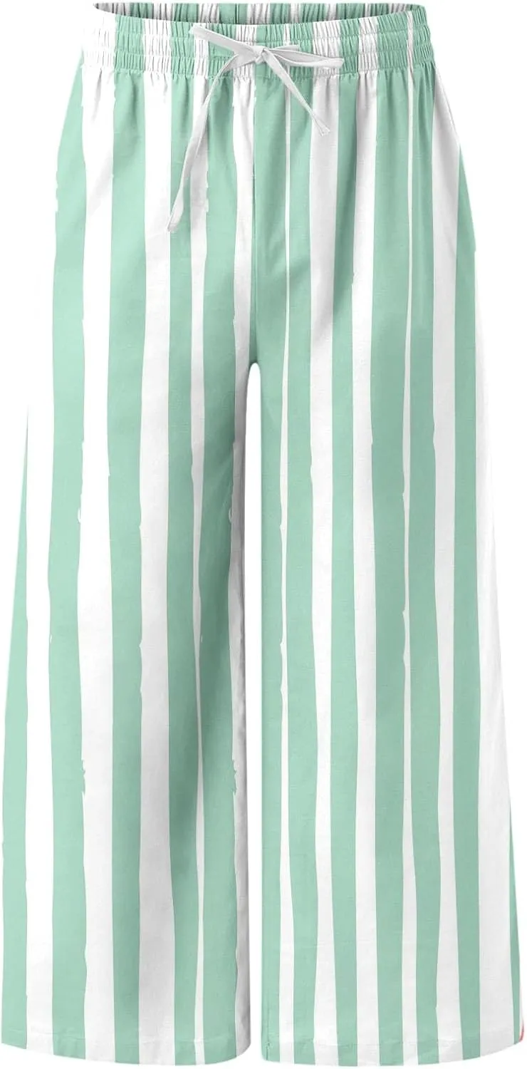 Striped Linen Pants Men Straight Legs Elastic Waist Drawstring Long Pants Lightweight Breathable Yoga Beach Trousers